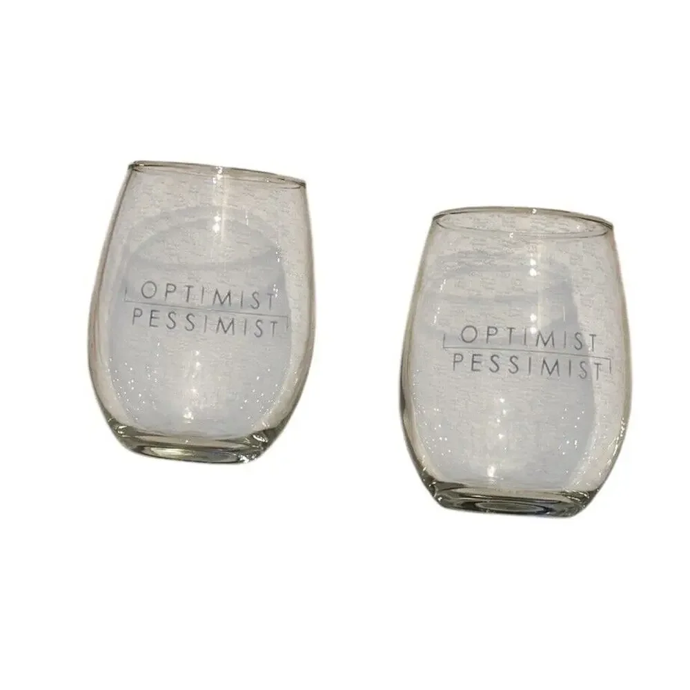 Optimist Pessimist Stemless Wine Glasses (2) Brunch Breakfast‎ Mimosas Glass